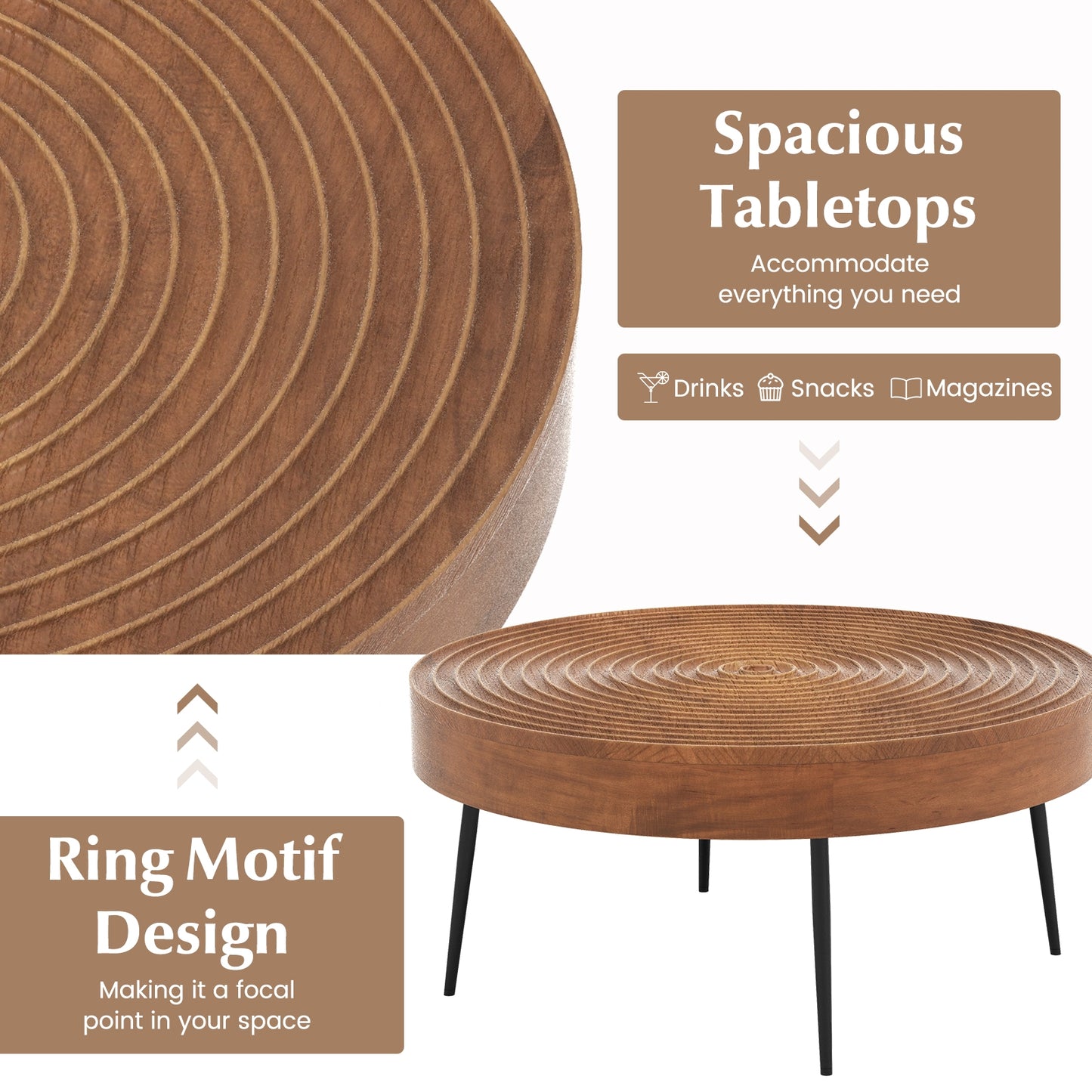 Solid Wood Round Coffee Tables Set of 2 with Ripple Design and Metal Legs, Brown Finish