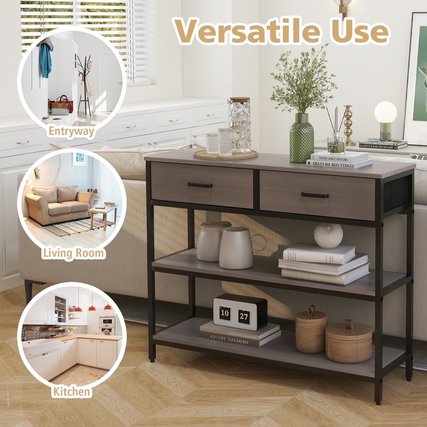 Entryway Console Table with Open Shelves and Folding Fabric Drawers - Grey