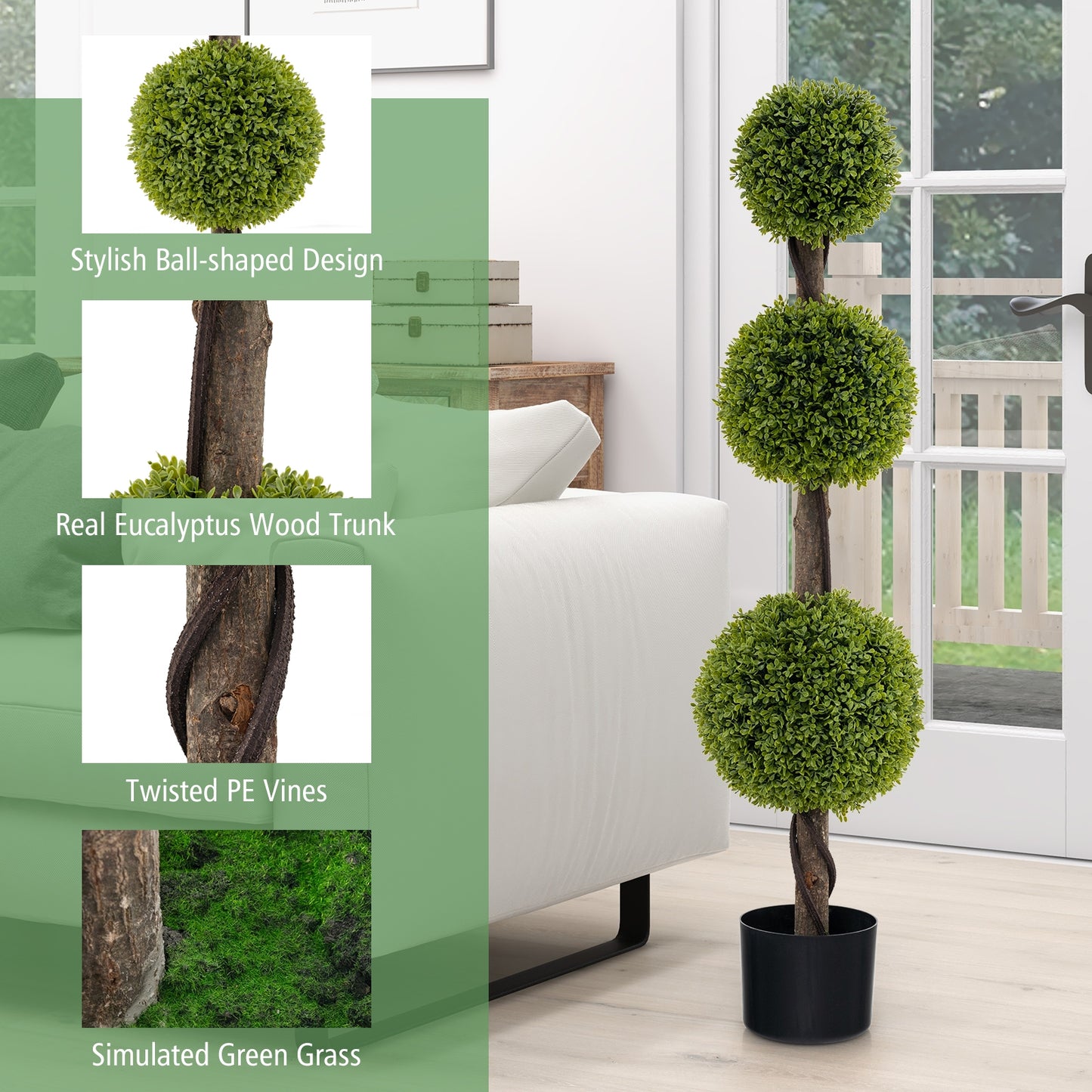 4FT Lush Artificial Boxwood Ball Tree with Realistic PE Leaves and Sturdy Trunk