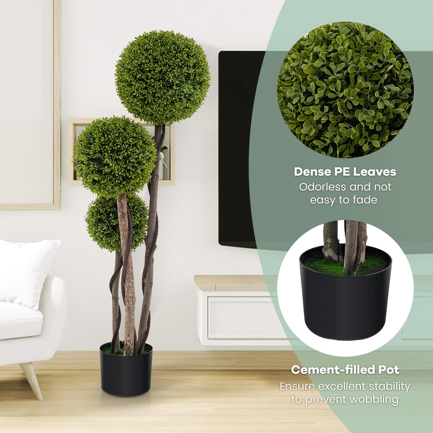 4 FT Triple Ball Artificial Boxwood Topiary Tree in Cement Weighted Pot