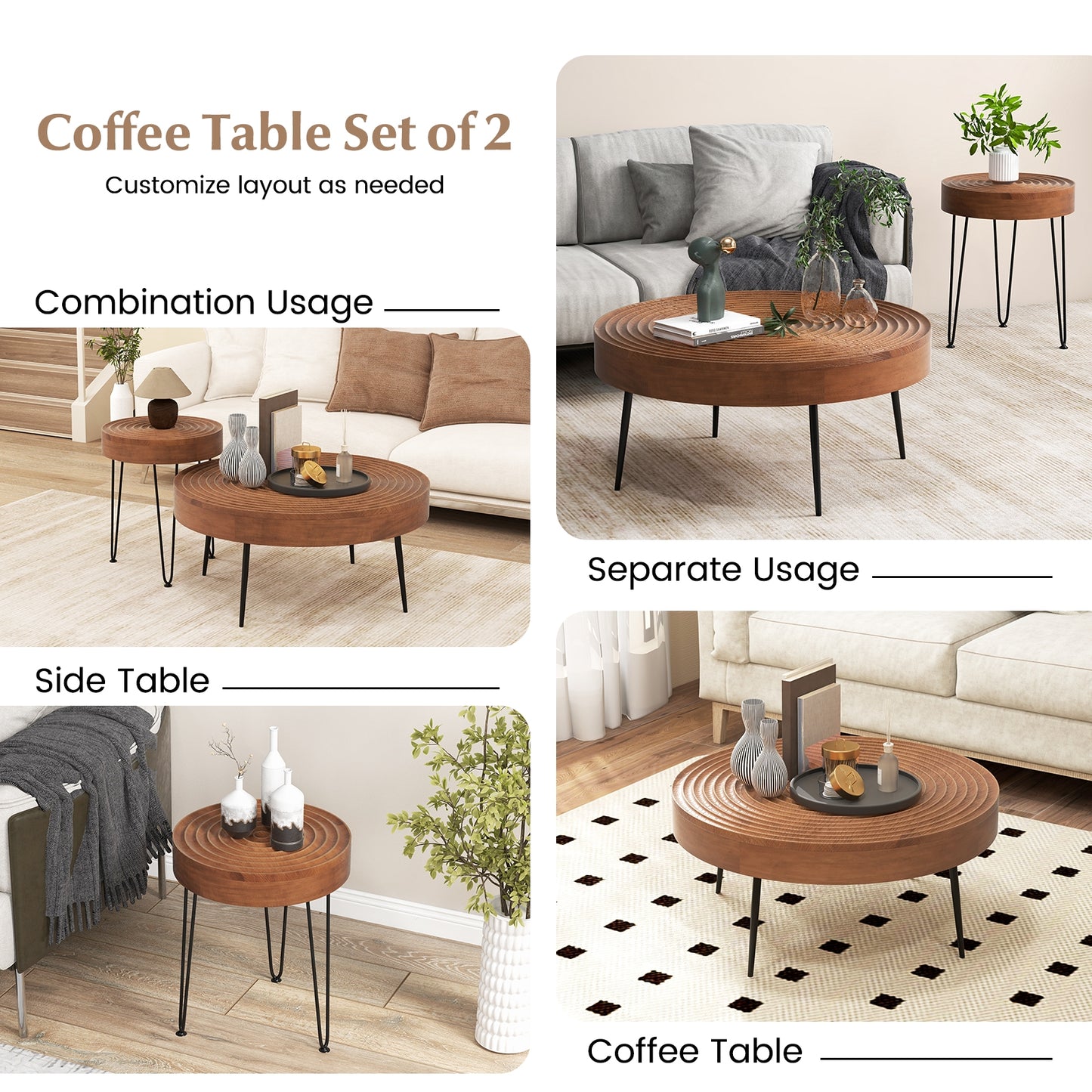 Solid Wood Round Coffee Tables Set of 2 with Ripple Design and Metal Legs, Brown Finish