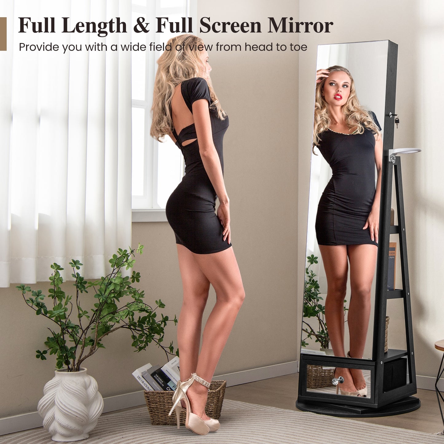 360° Swivel Lockable Jewelry Armoire with LED Lights and Full-Length Mirror – Black