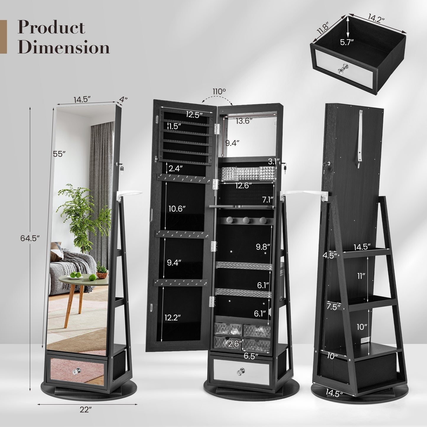 360° Swivel Lockable Jewelry Armoire with LED Lights and Full-Length Mirror – Black