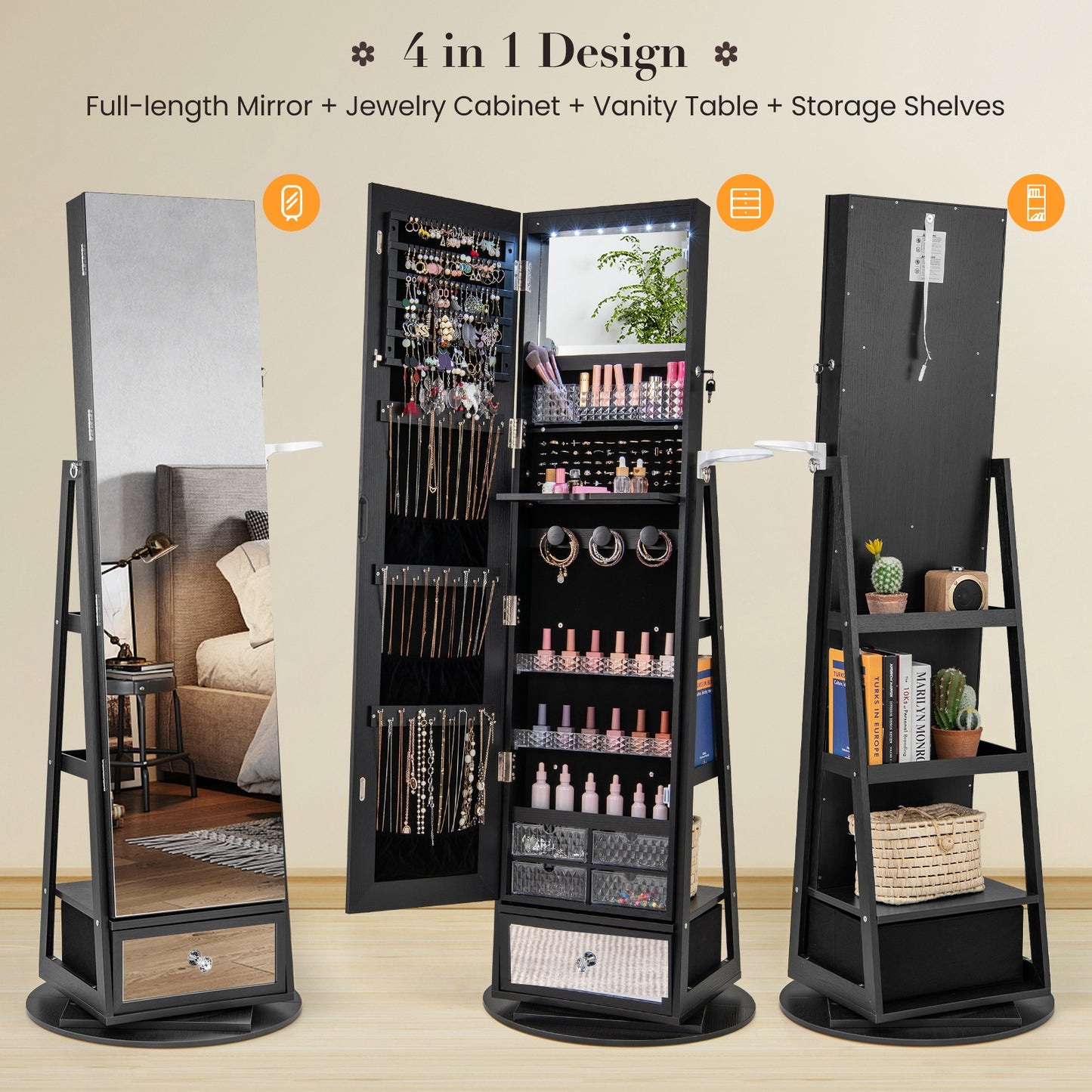 360° Swivel Lockable Jewelry Armoire with LED Lights and Full-Length Mirror – Black