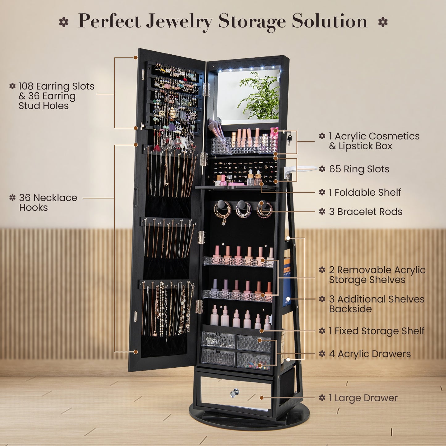 360° Swivel Lockable Jewelry Armoire with LED Lights and Full-Length Mirror – Black
