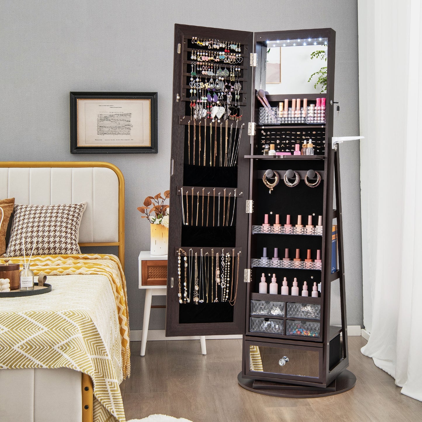 360° Swivel Lockable Jewelry Armoire with LED Lights and Full-Length Mirror – Dark Brown