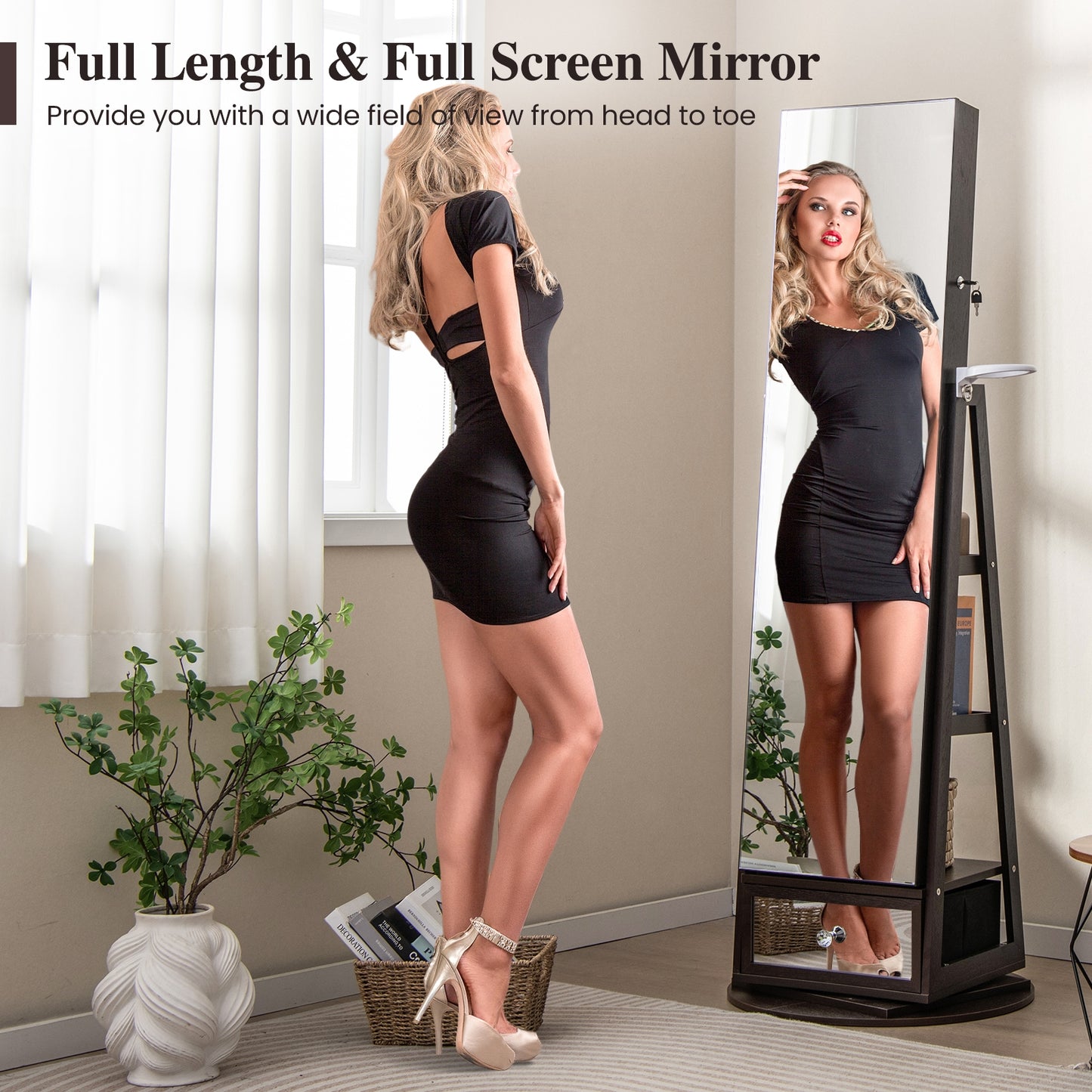 360° Swivel Lockable Jewelry Armoire with LED Lights and Full-Length Mirror – Dark Brown