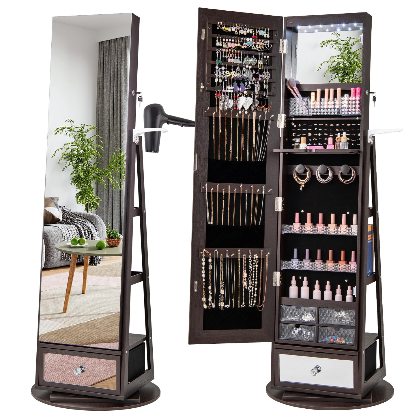 360° Swivel Lockable Jewelry Armoire with LED Lights and Full-Length Mirror – Dark Brown