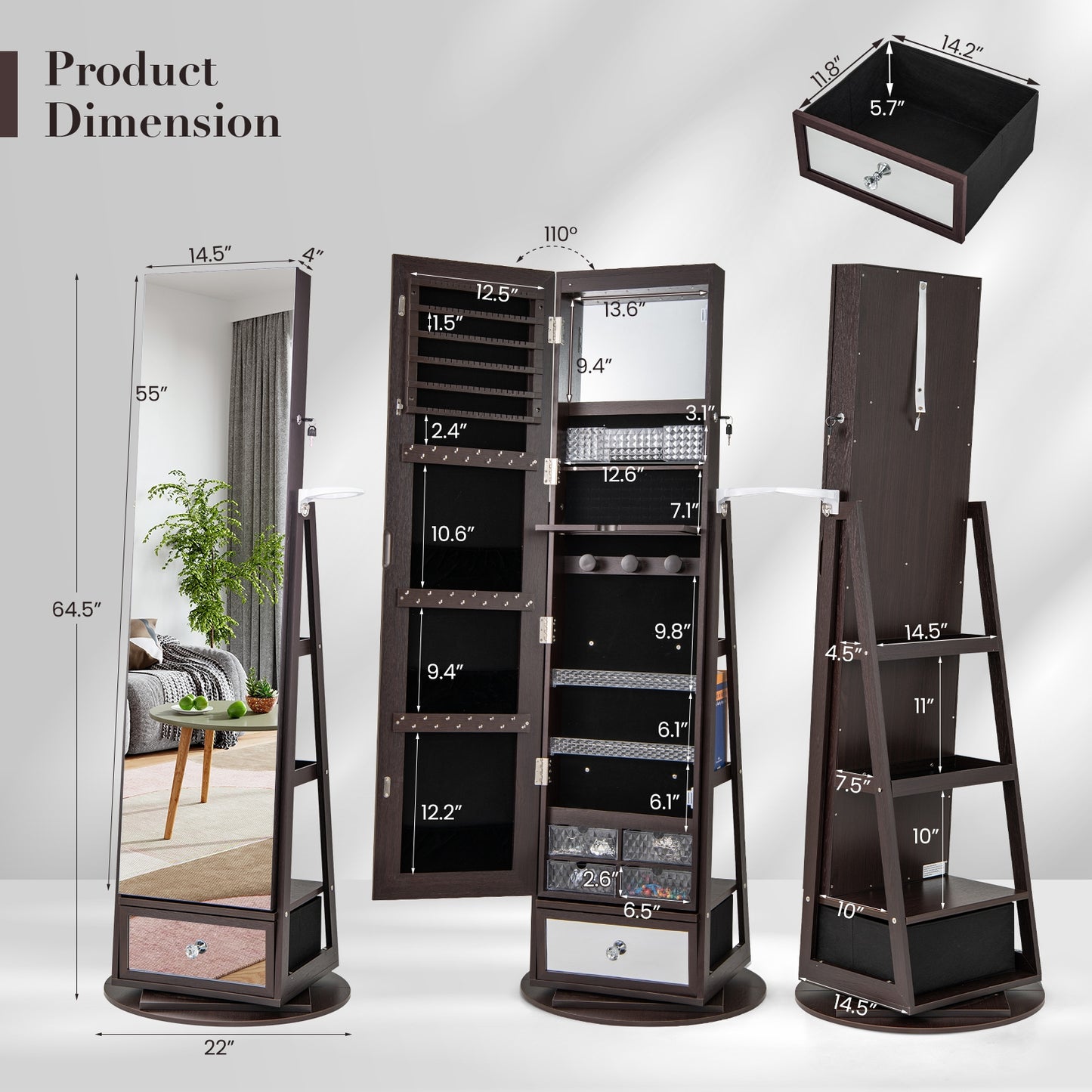 360° Swivel Lockable Jewelry Armoire with LED Lights and Full-Length Mirror – Dark Brown