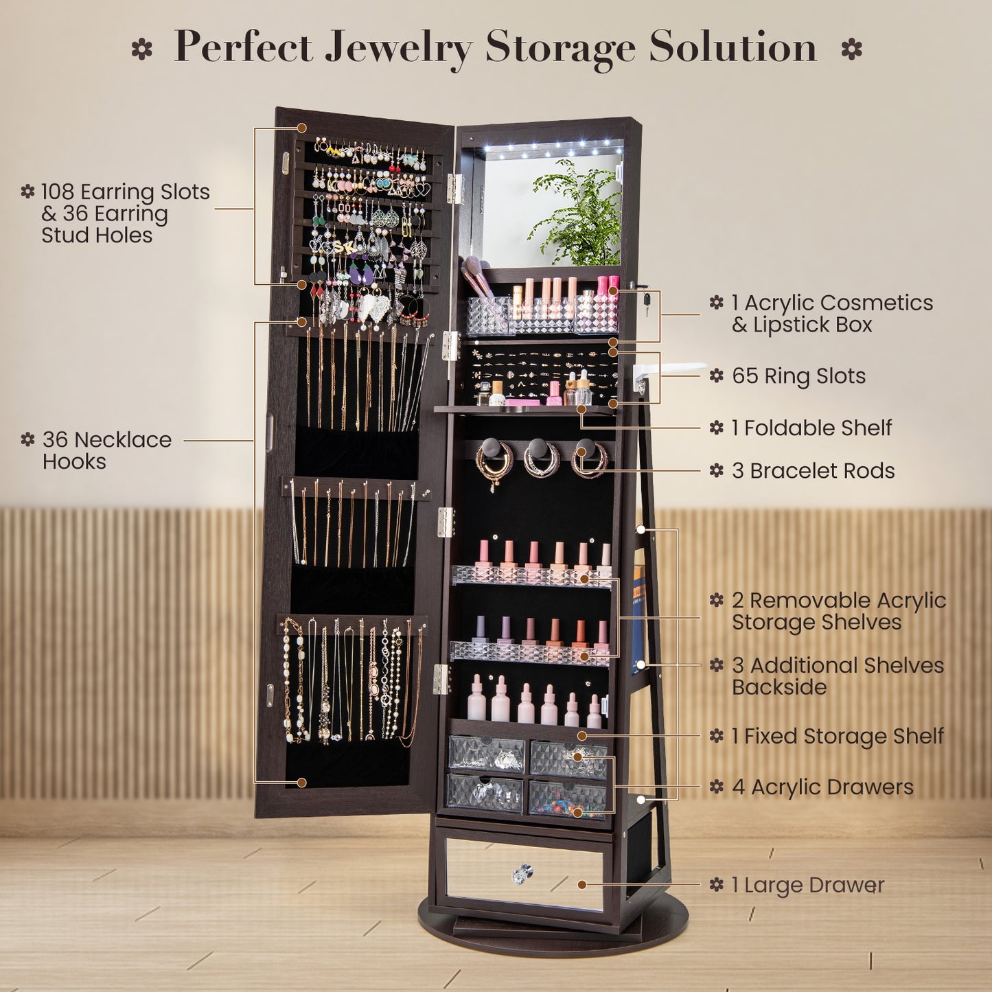360° Swivel Lockable Jewelry Armoire with LED Lights and Full-Length Mirror – Dark Brown