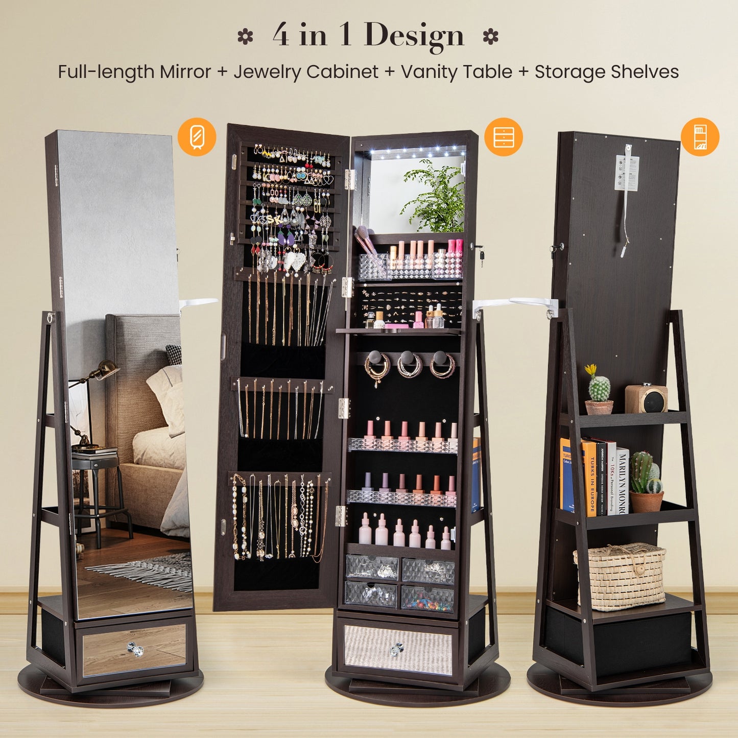 360° Swivel Lockable Jewelry Armoire with LED Lights and Full-Length Mirror – Dark Brown