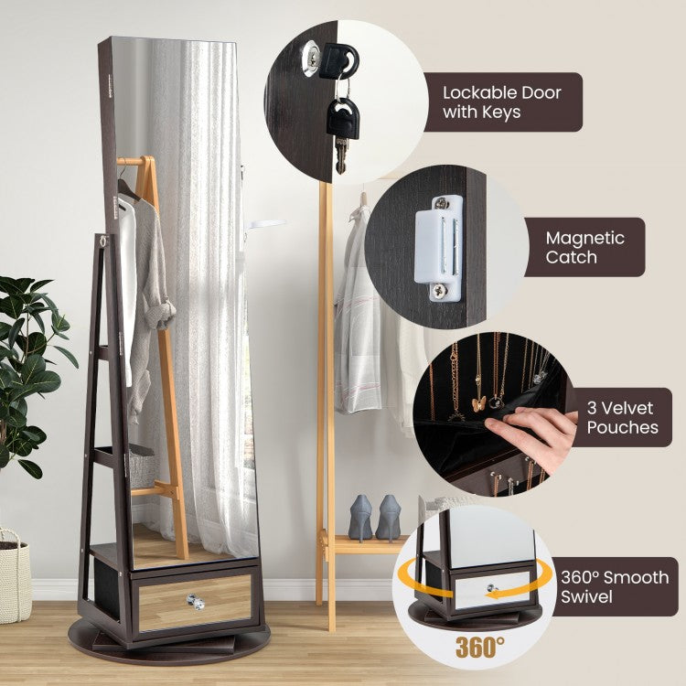 360° Swivel Lockable Jewelry Armoire with LED Lights and Full-Length Mirror – Dark Brown