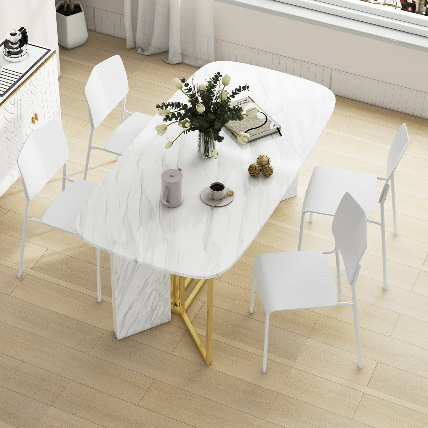 Ergonomic Plastic Dining Chairs with Metal Legs and Curved Backrest - White, Set of 2