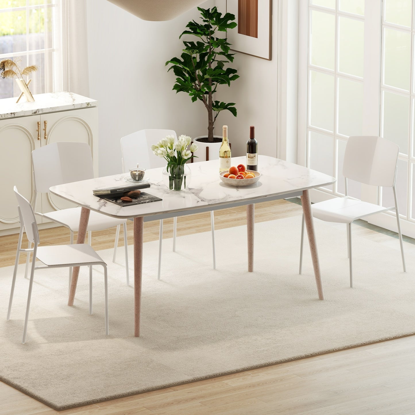 Ergonomic Plastic Dining Chairs with Metal Legs and Curved Backrest - White, Set of 2