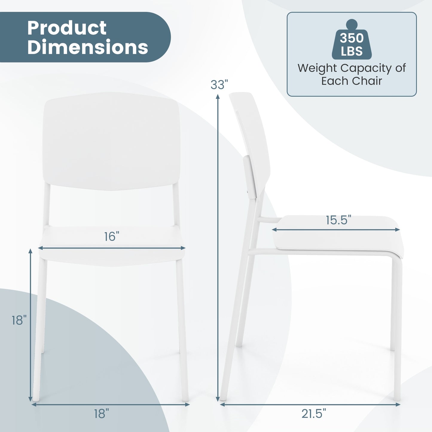 Ergonomic Plastic Dining Chairs with Metal Legs and Curved Backrest - White, Set of 2