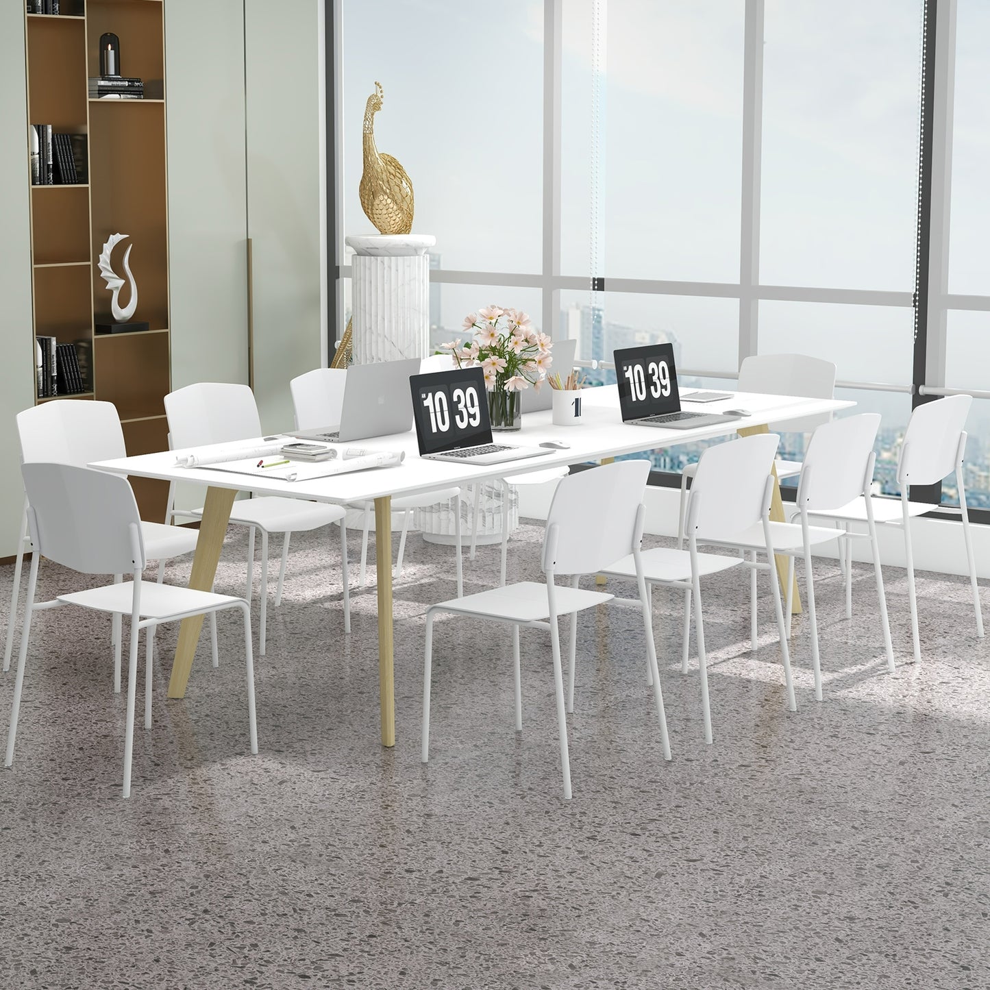 Ergonomic Plastic Dining Chairs with Metal Legs and Curved Backrest - White, Set of 2