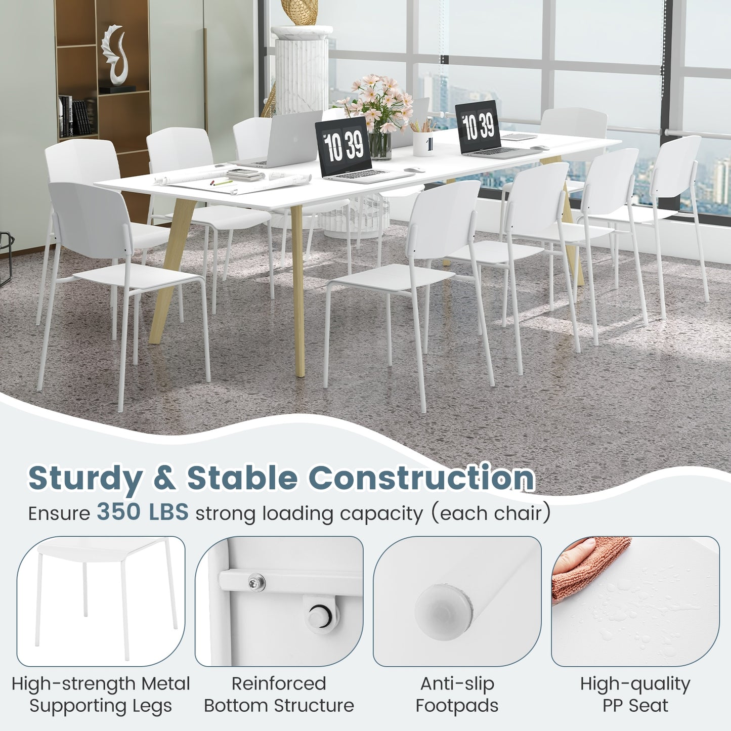 Ergonomic Plastic Dining Chairs with Metal Legs and Curved Backrest - White, Set of 2