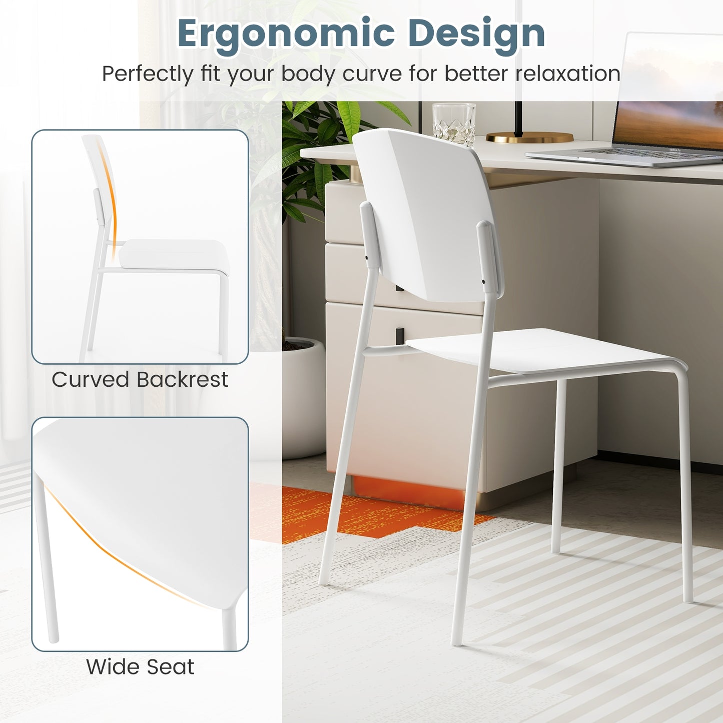 Ergonomic Plastic Dining Chairs with Metal Legs and Curved Backrest - White, Set of 2