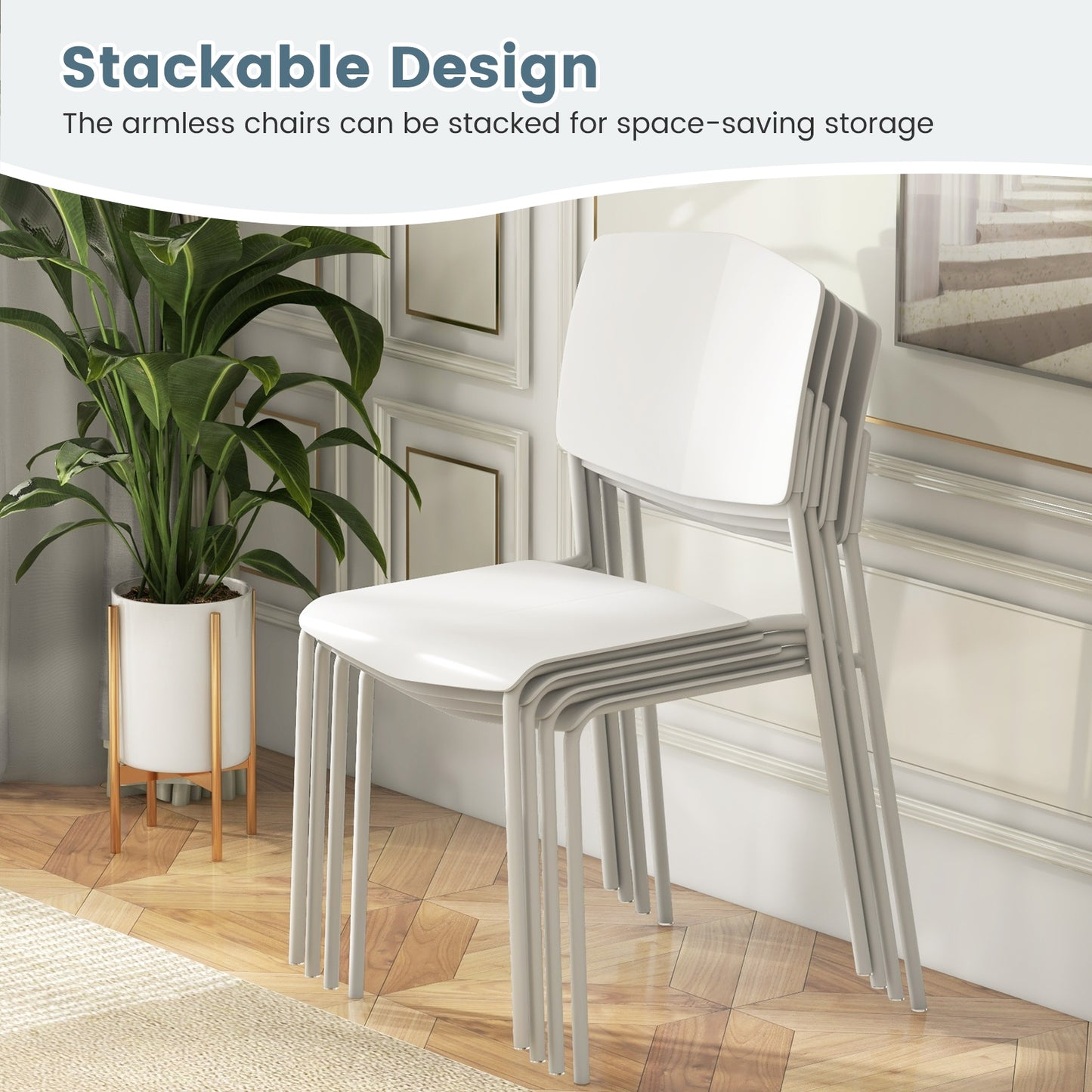 Ergonomic Plastic Dining Chairs with Metal Legs and Curved Backrest - White, Set of 2