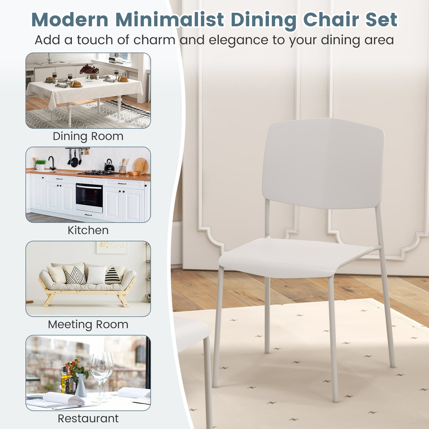 Ergonomic Plastic Dining Chairs with Metal Legs and Curved Backrest - White, Set of 2