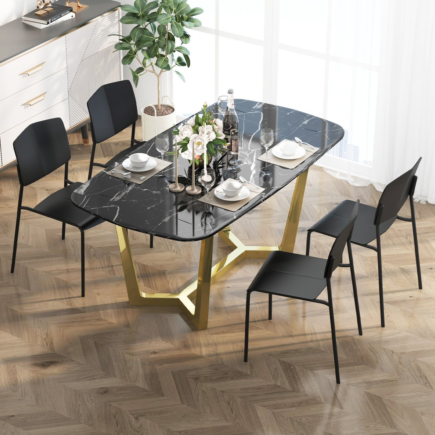 Ergonomic Plastic Dining Chairs with Metal Legs and Curved Backrest - Black, Set of 2