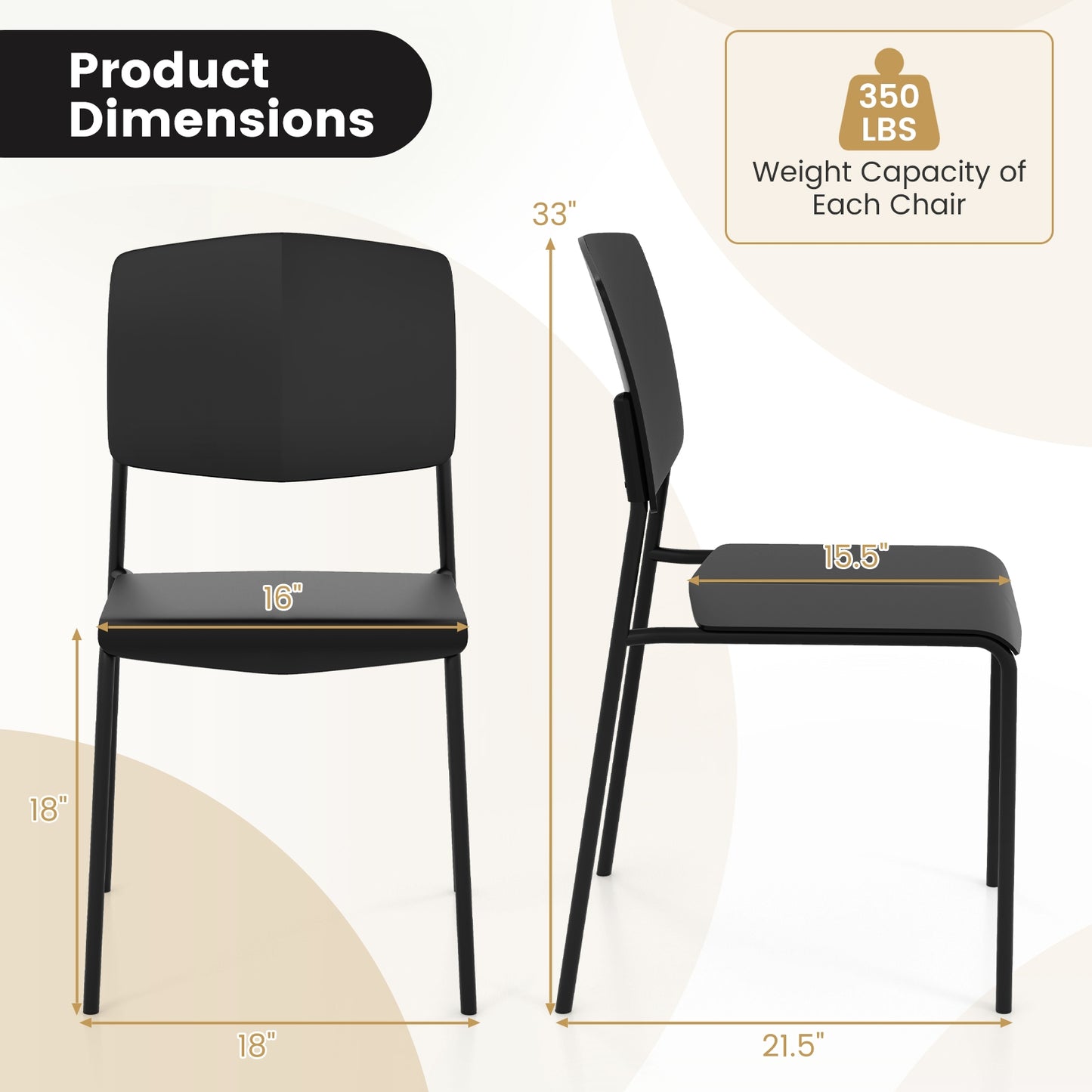 Ergonomic Plastic Dining Chairs with Metal Legs and Curved Backrest - Black, Set of 2