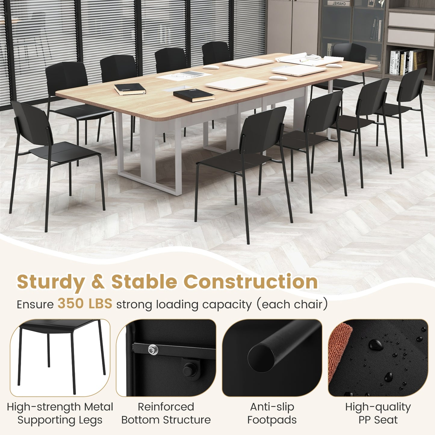 Ergonomic Plastic Dining Chairs with Metal Legs and Curved Backrest - Black, Set of 2