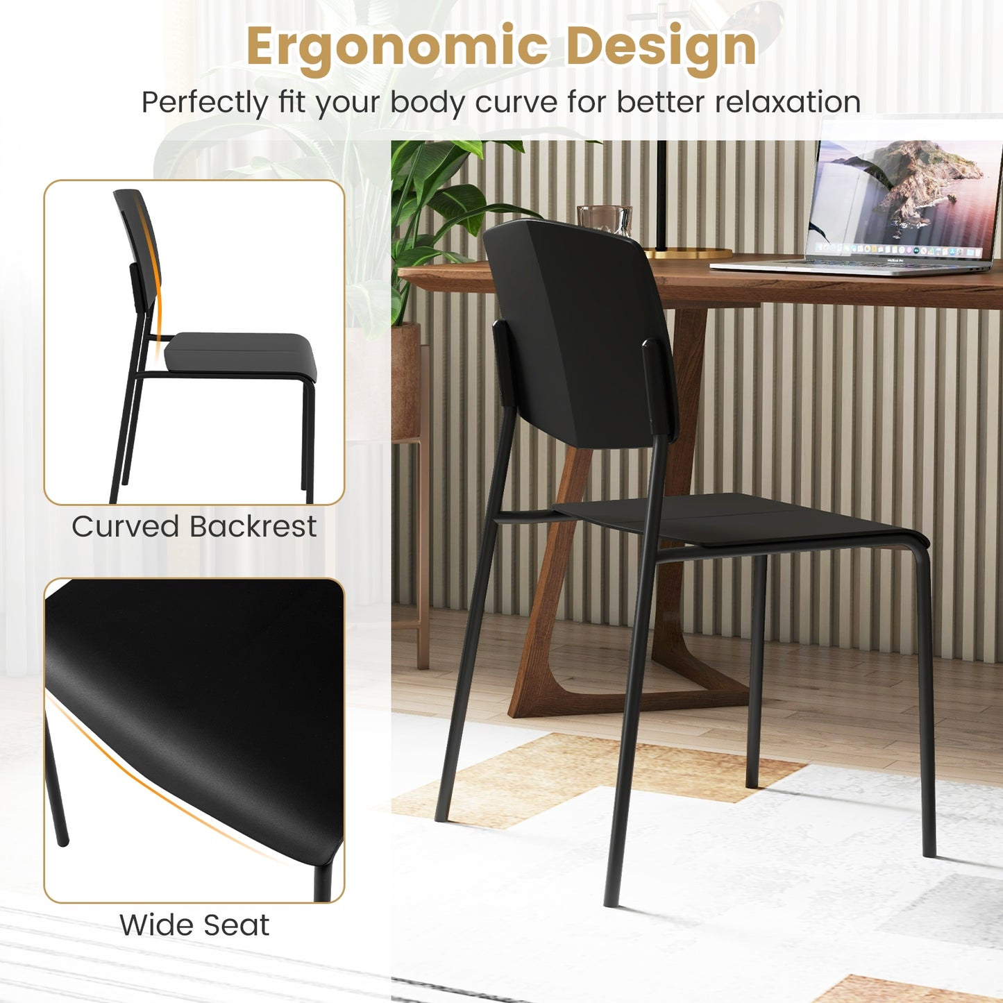 Ergonomic Plastic Dining Chairs with Metal Legs and Curved Backrest - Black, Set of 2