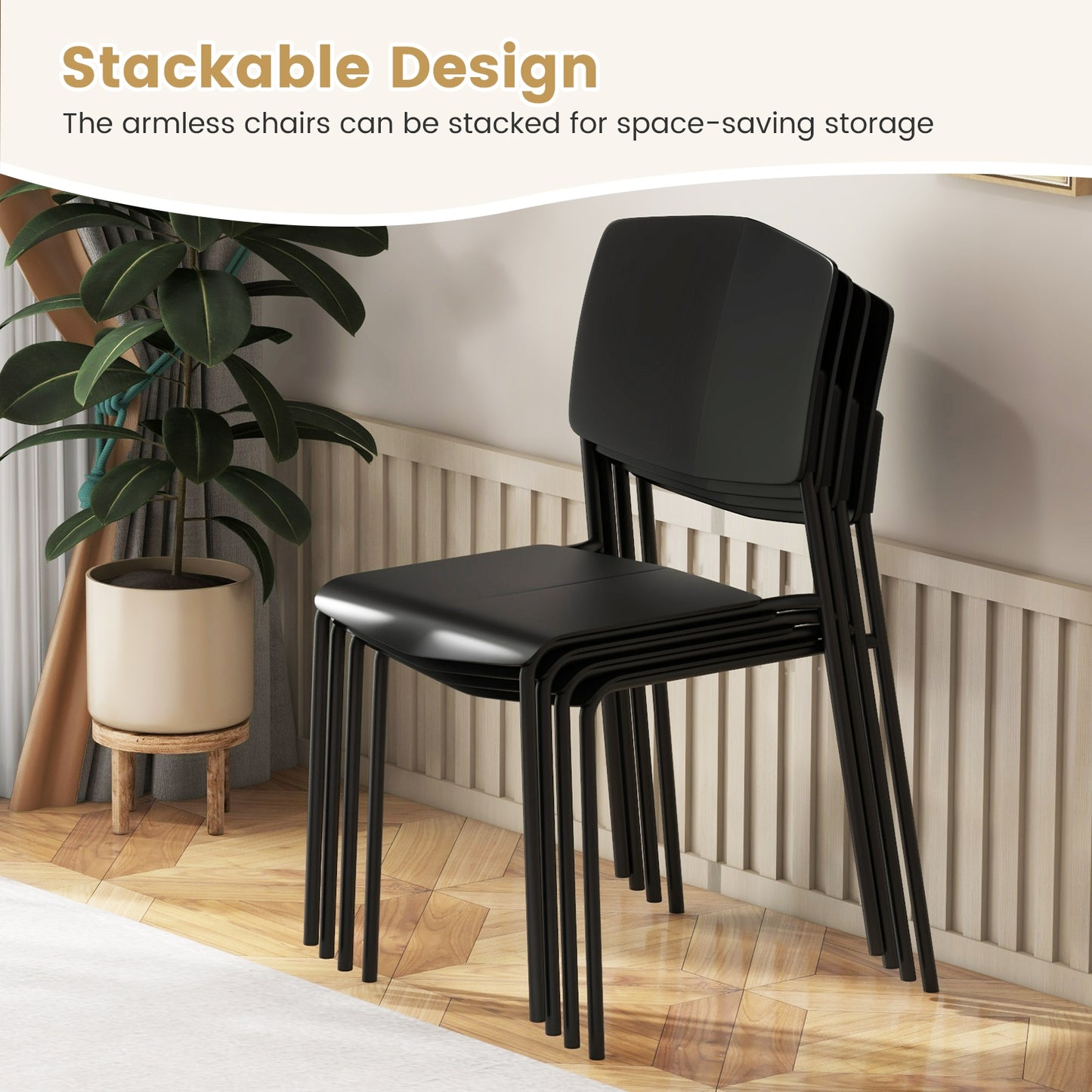 Ergonomic Plastic Dining Chairs with Metal Legs and Curved Backrest - Black, Set of 2