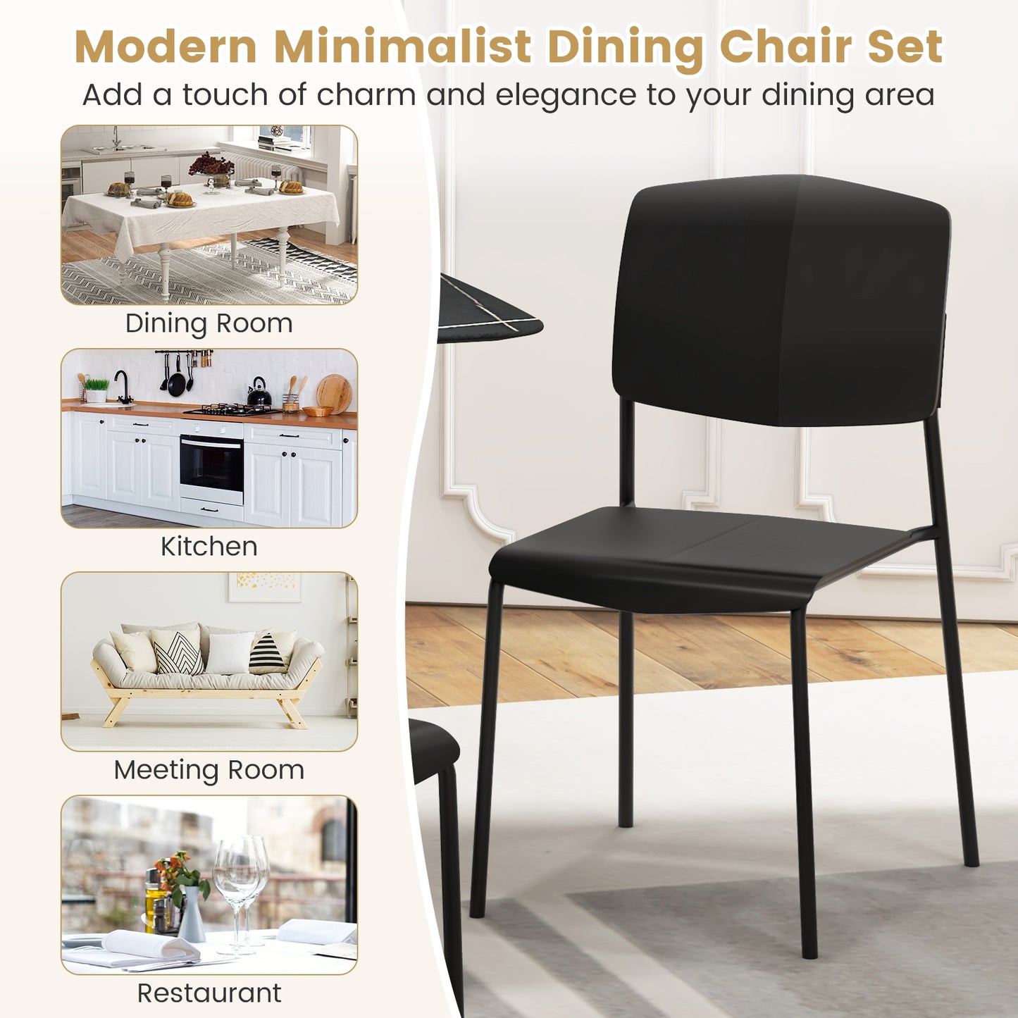 Ergonomic Plastic Dining Chairs with Metal Legs and Curved Backrest - Black, Set of 2