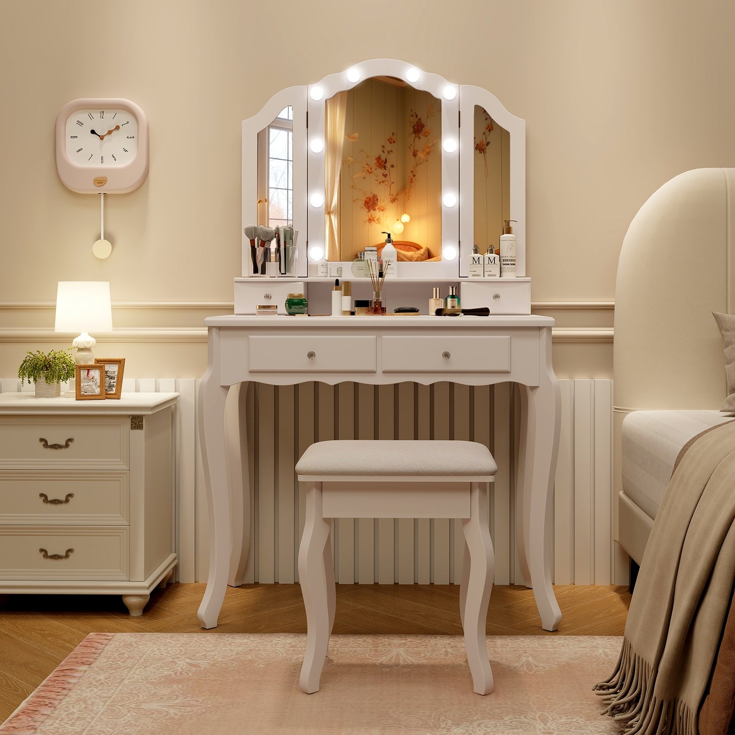 Makeup Vanity Table Set with Tri-Folding LED Mirror, Cushioned Stool and Storage Drawers – White
