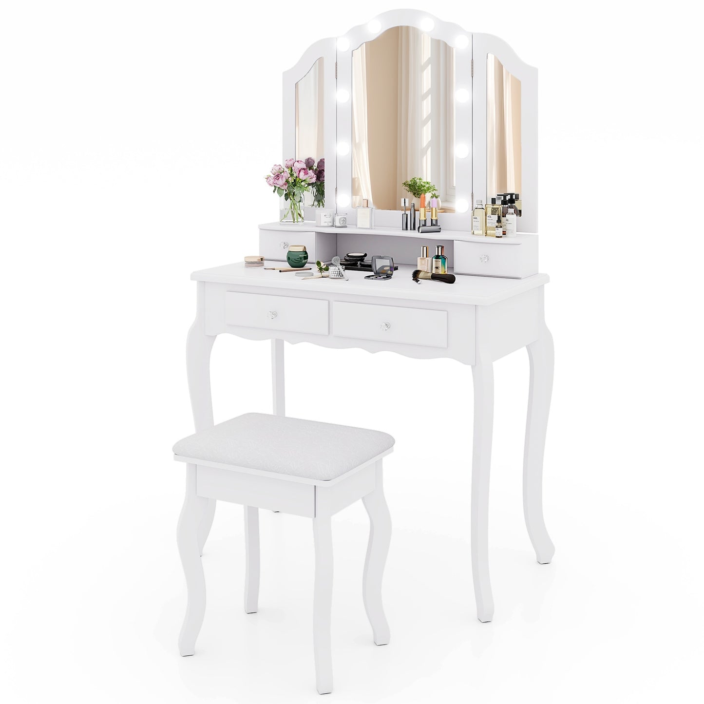 Makeup Vanity Table Set with Tri-Folding LED Mirror, Cushioned Stool and Storage Drawers – White
