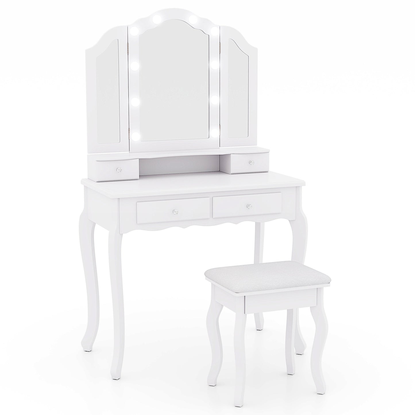 Makeup Vanity Table Set with Tri-Folding LED Mirror, Cushioned Stool and Storage Drawers – White