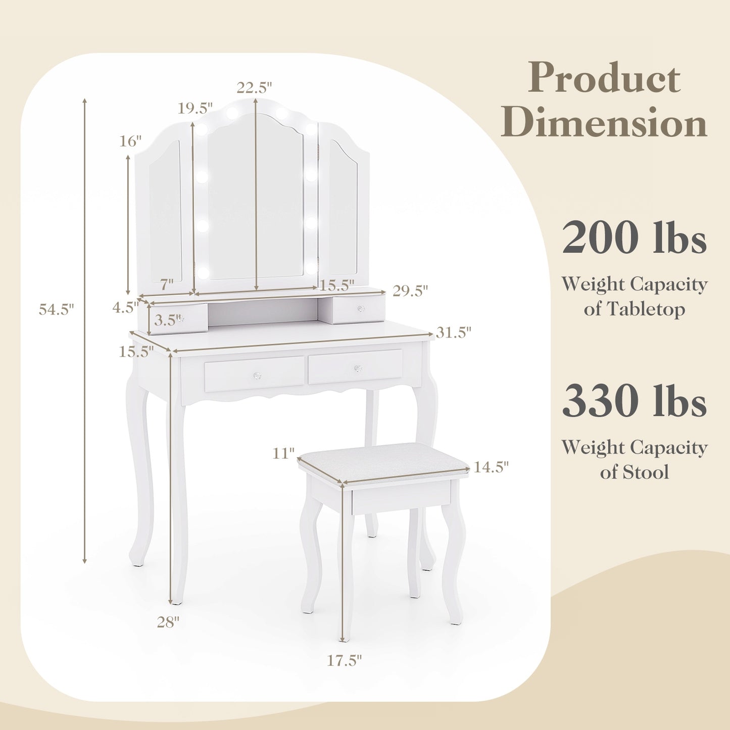 Makeup Vanity Table Set with Tri-Folding LED Mirror, Cushioned Stool and Storage Drawers – White