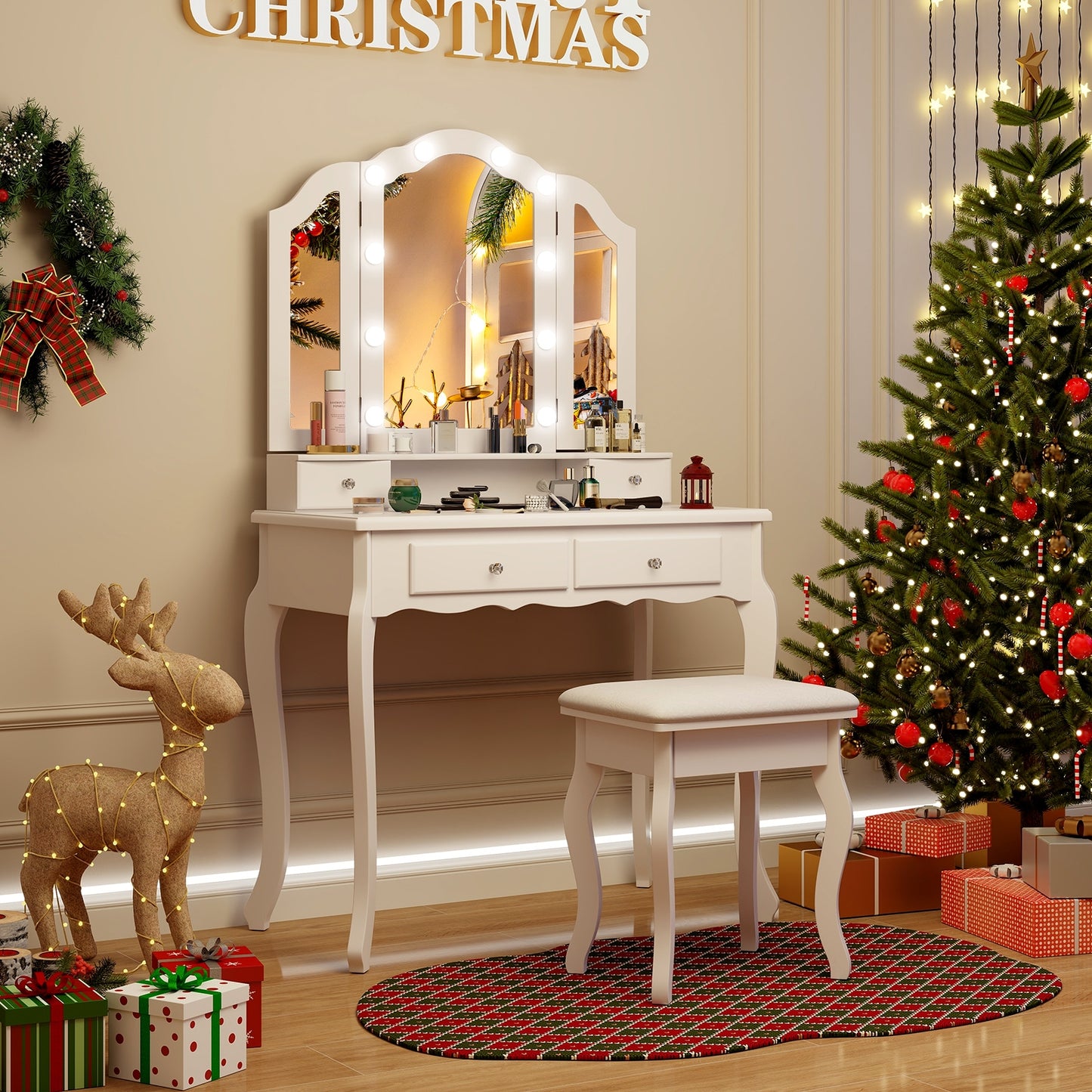 Makeup Vanity Table Set with Tri-Folding LED Mirror, Cushioned Stool and Storage Drawers – White