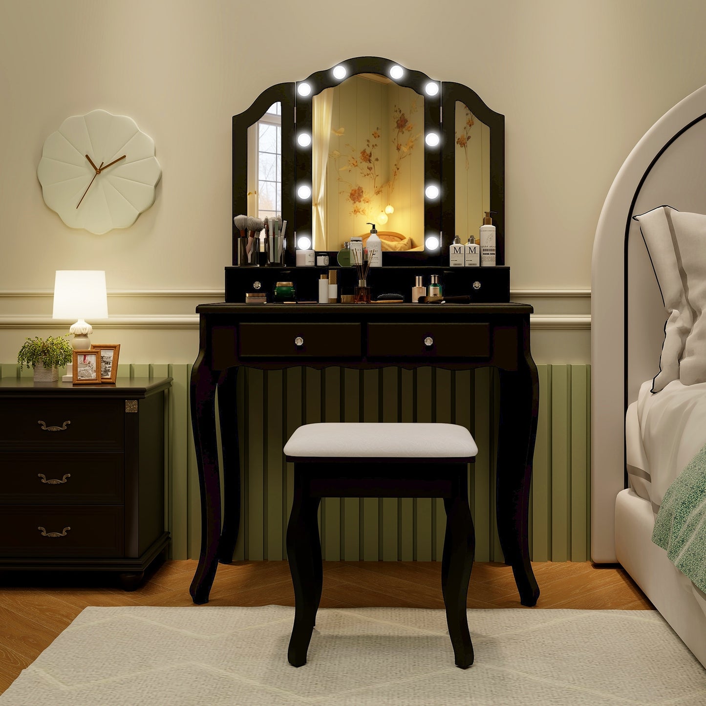 Makeup Vanity Table Set with Tri-Folding LED Mirror, Cushioned Stool and Storage Drawers – Black