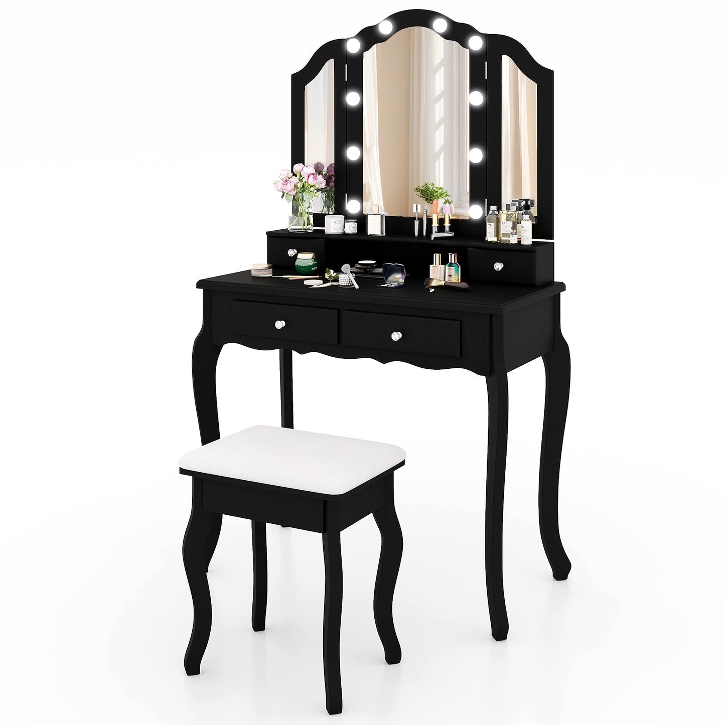Makeup Vanity Table Set with Tri-Folding LED Mirror, Cushioned Stool and Storage Drawers – Black