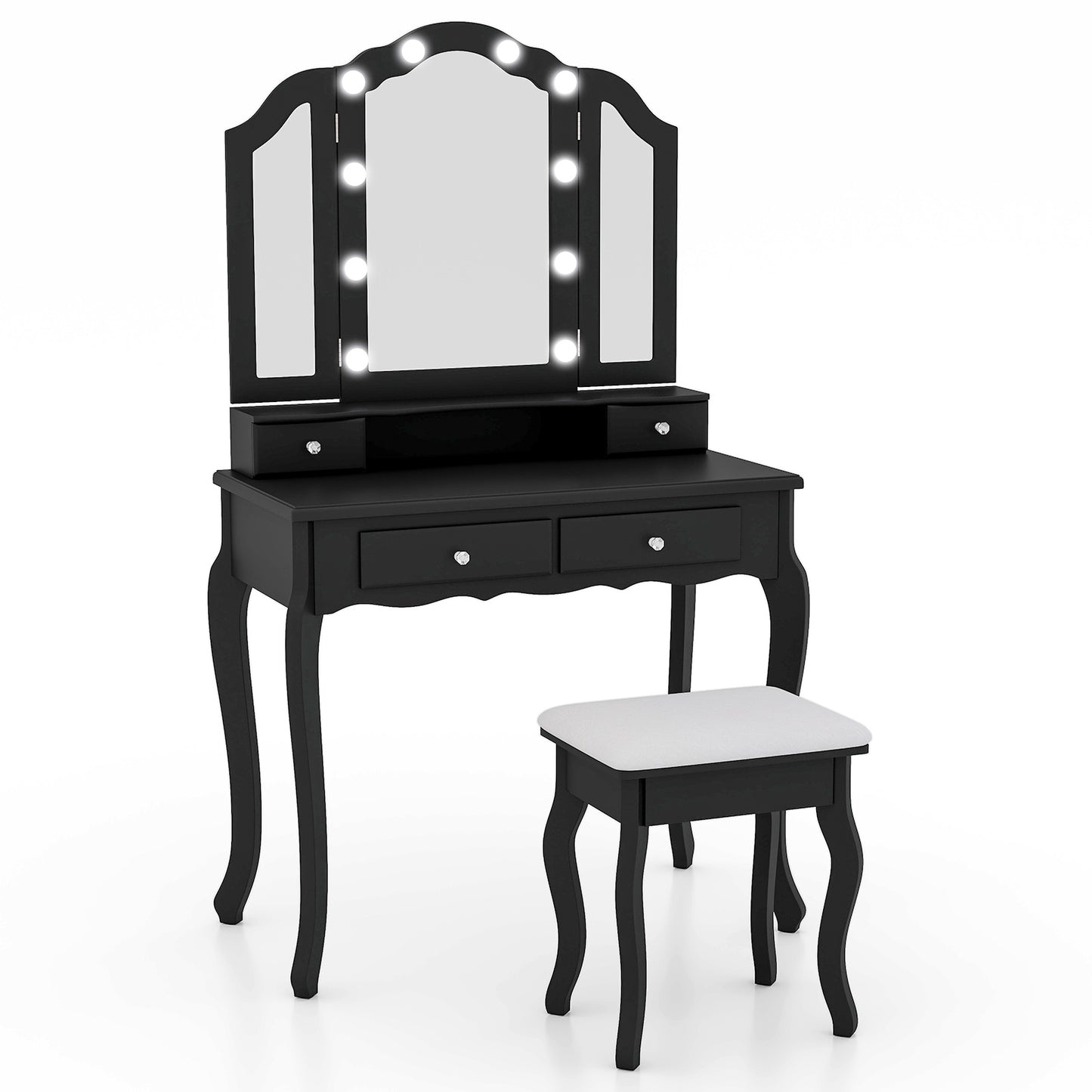 Makeup Vanity Table Set with Tri-Folding LED Mirror, Cushioned Stool and Storage Drawers – Black
