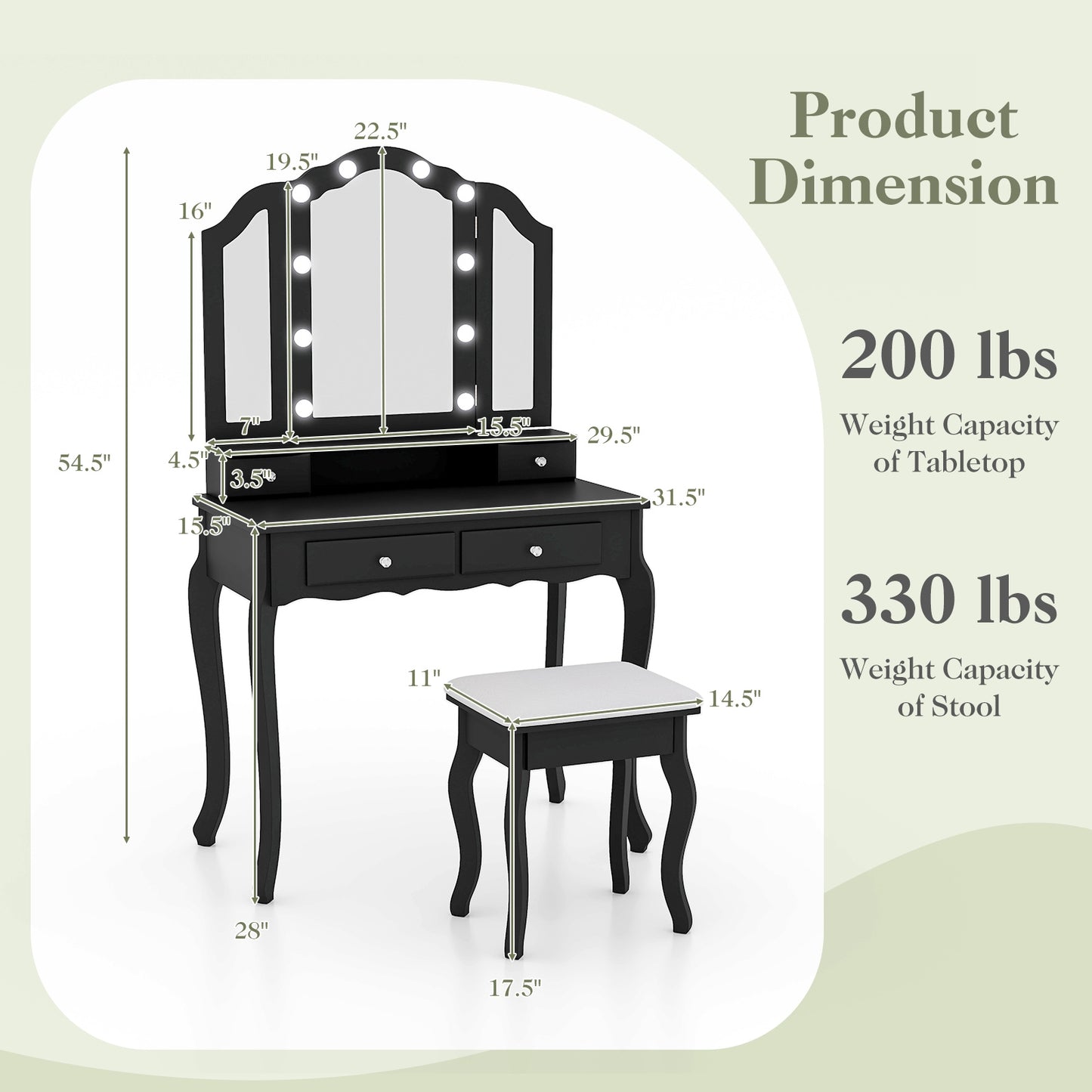 Makeup Vanity Table Set with Tri-Folding LED Mirror, Cushioned Stool and Storage Drawers – Black