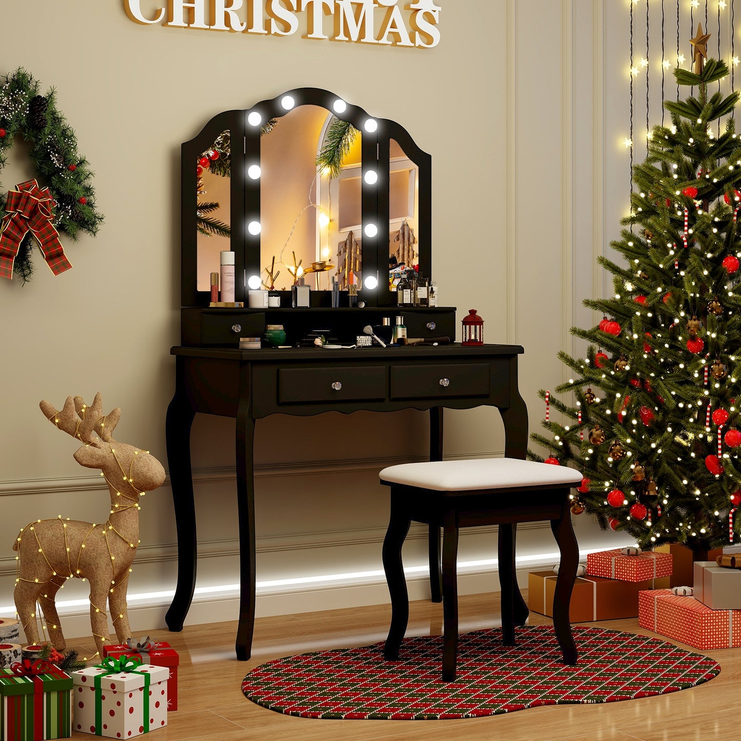 Makeup Vanity Table Set with Tri-Folding LED Mirror, Cushioned Stool and Storage Drawers – Black