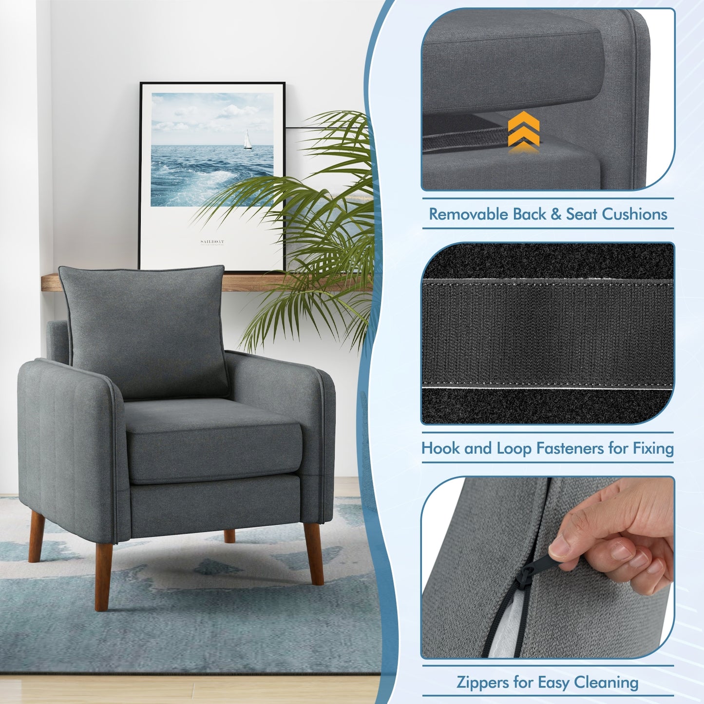 Soft Fabric Upholstered Accent Chair with Removable Cushions