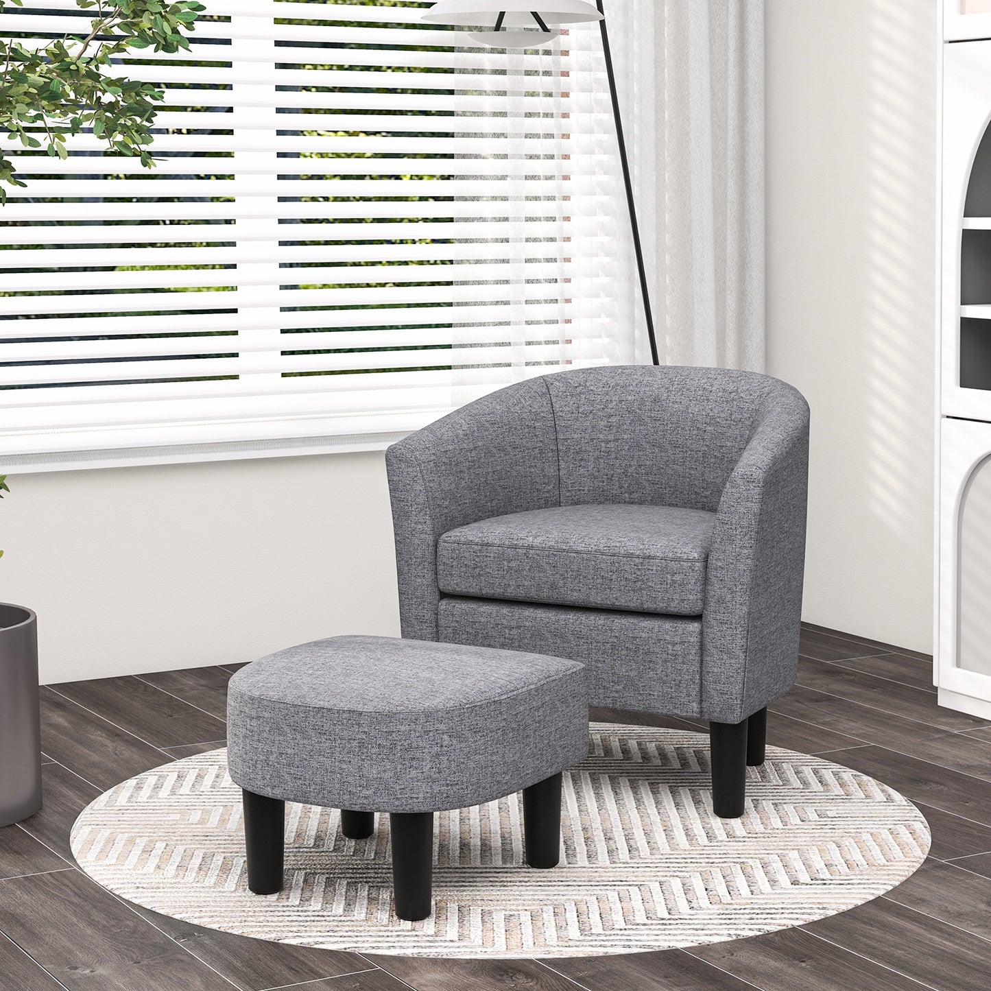Linen Upholstered Barrel Accent Chair with Matching Ottoman, Grey