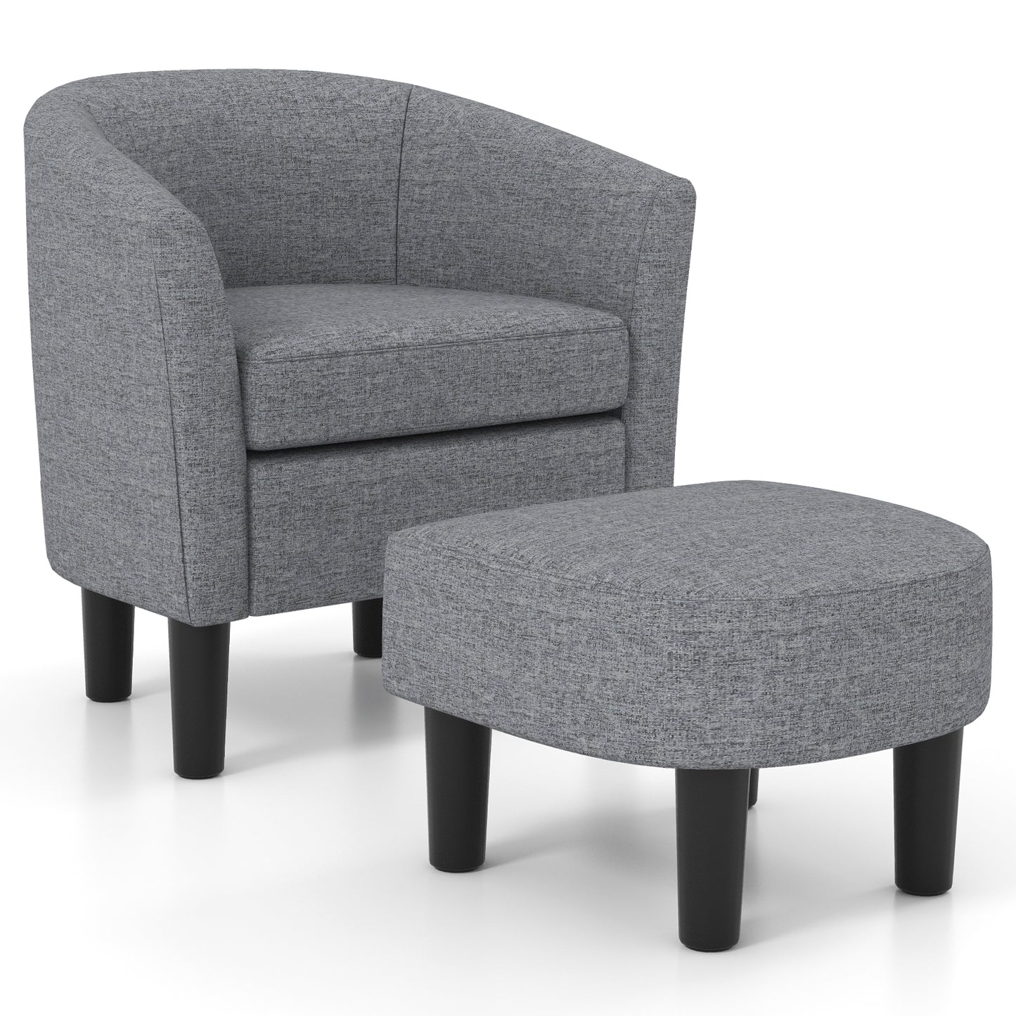 Linen Upholstered Barrel Accent Chair with Matching Ottoman, Grey