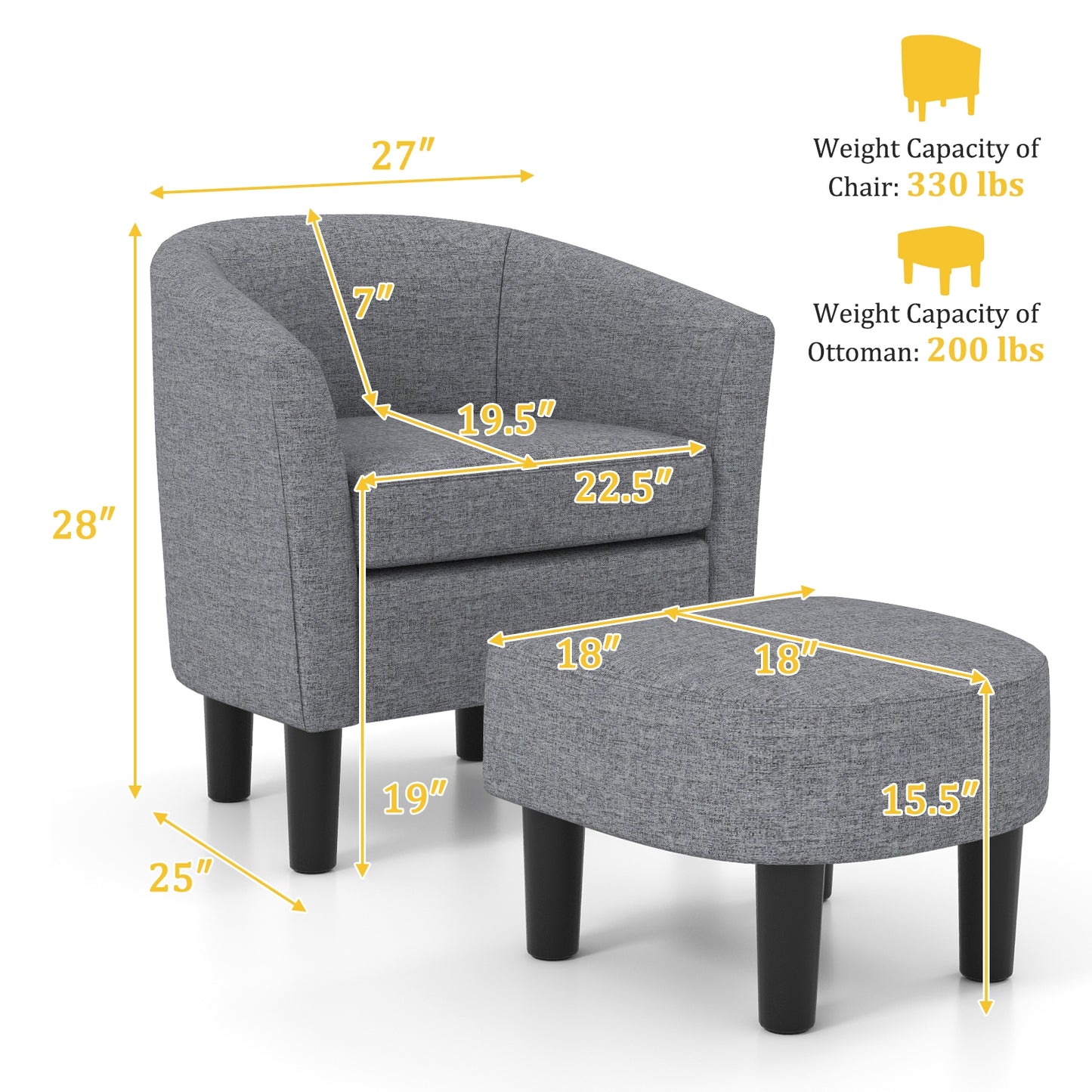 Linen Upholstered Barrel Accent Chair with Matching Ottoman, Grey