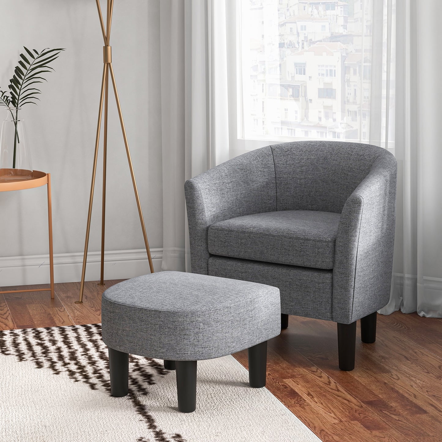 Linen Upholstered Barrel Accent Chair with Matching Ottoman, Grey