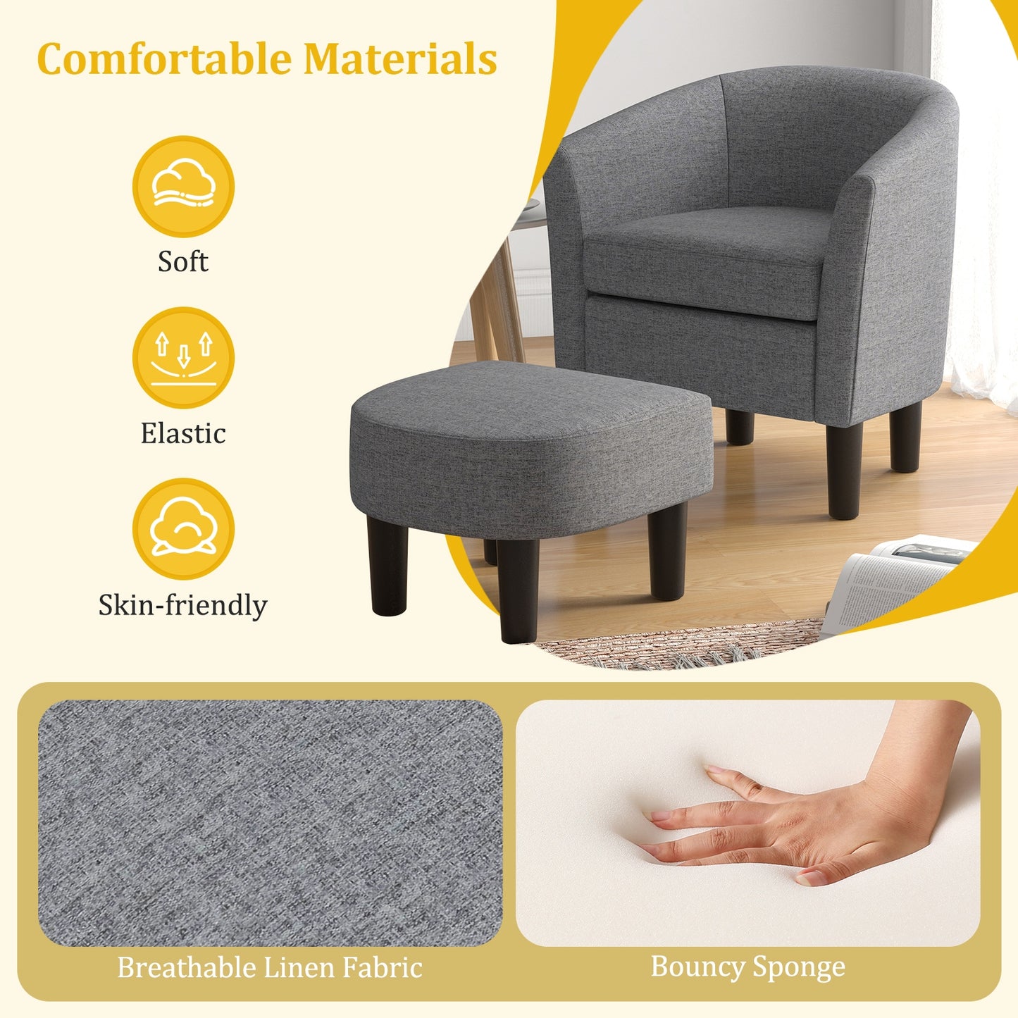 Linen Upholstered Barrel Accent Chair with Matching Ottoman, Grey