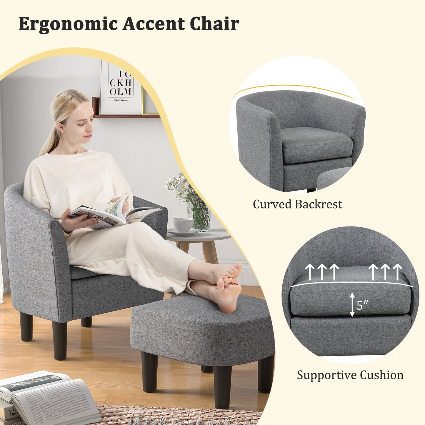 Linen Upholstered Barrel Accent Chair with Matching Ottoman, Grey