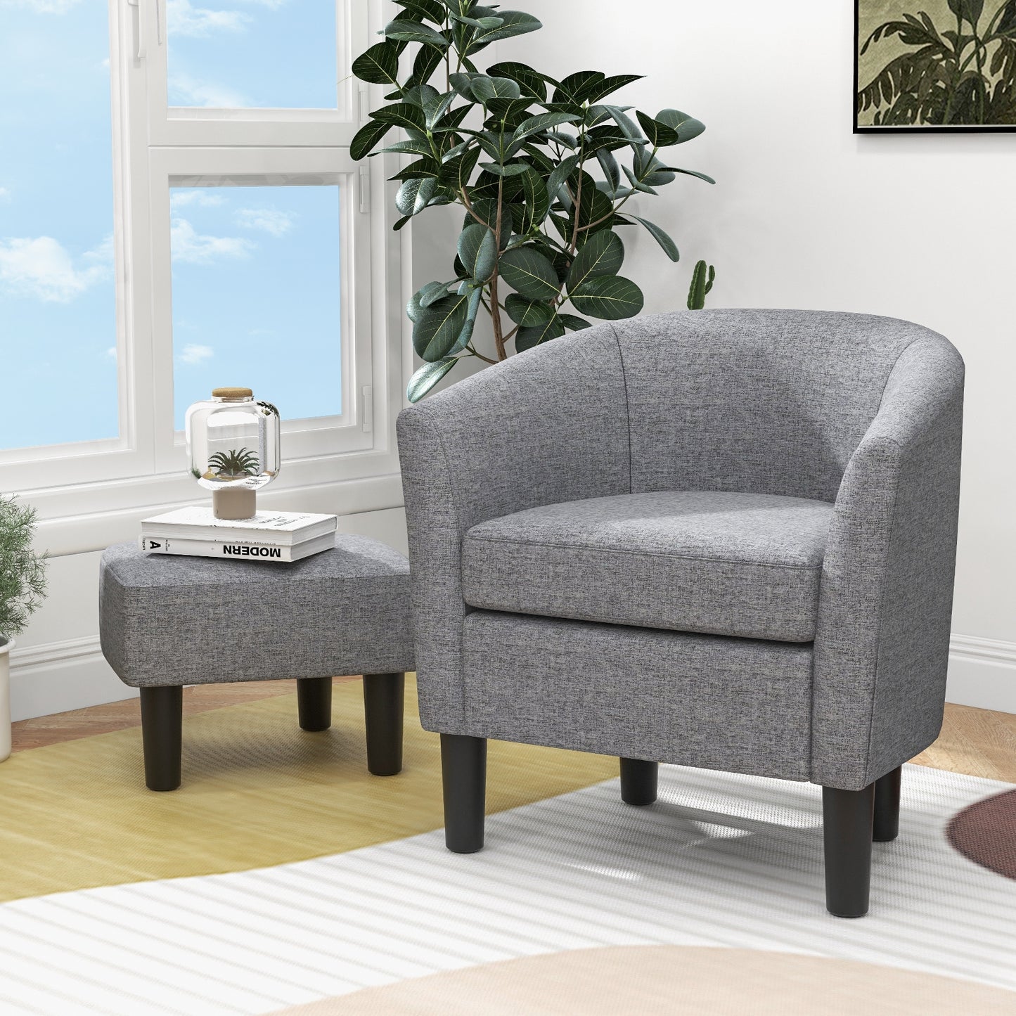 Linen Upholstered Barrel Accent Chair with Matching Ottoman, Grey