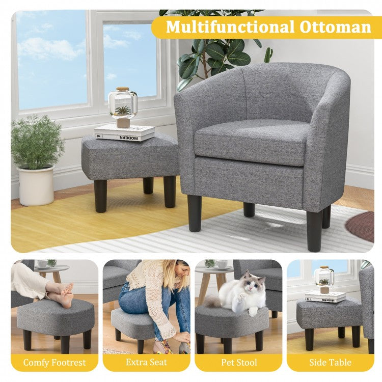 Linen Upholstered Barrel Accent Chair with Matching Ottoman, Grey