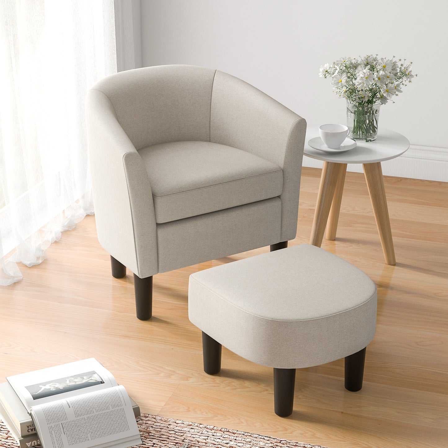 Linen Upholstered Barrel Accent Chair with Matching Ottoman, Beige